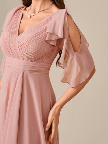 V-Neck Pleated Chiffon Elegant Bridesmaid Dress