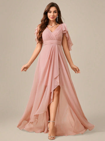V-Neck Pleated Chiffon Elegant Bridesmaid Dress