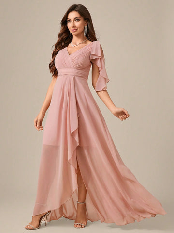 V-Neck Pleated Chiffon Elegant Bridesmaid Dress