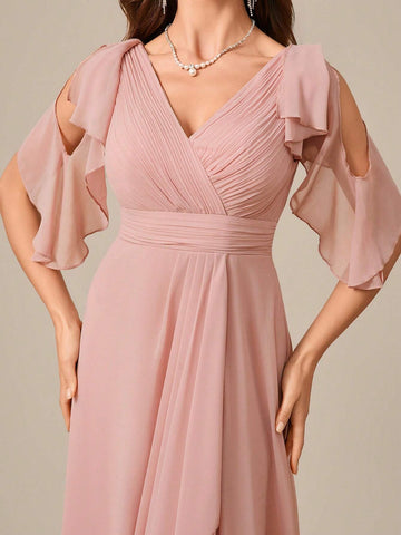 V-Neck Pleated Chiffon Elegant Bridesmaid Dress