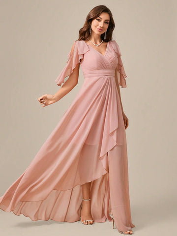 V-Neck Pleated Chiffon Elegant Bridesmaid Dress