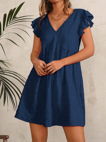 V-Neck Pleated Ruffle Sleeve Texture Casual Dress For Women