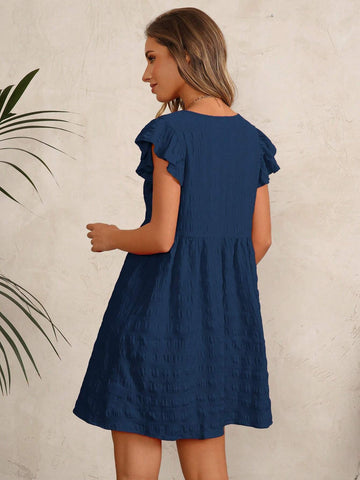 V-Neck Pleated Ruffle Sleeve Texture Casual Dress For Women