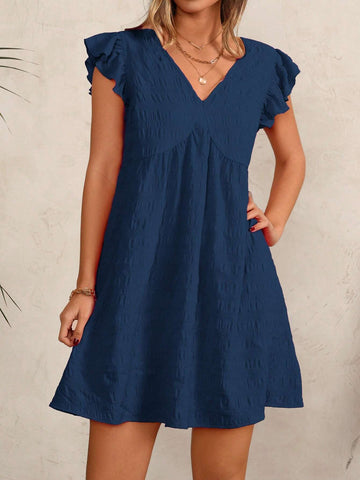 V-Neck Pleated Ruffle Sleeve Texture Casual Dress For Women