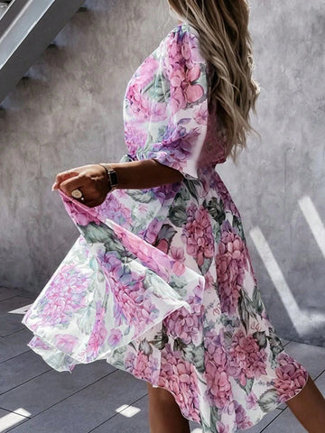V-Neck Print Half-Button-Up Ruffle Short Sleeve Belted Vacation Dress