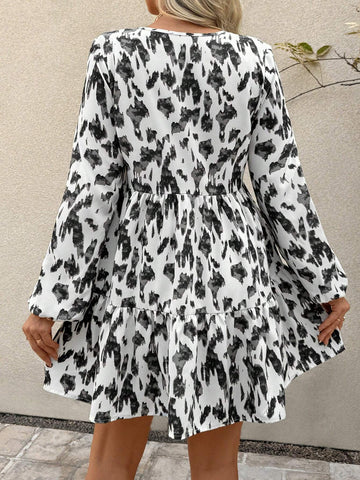 V-Neck Ruffles Hem A-Line Casual Vacation Printed Dress, Spring & Summer