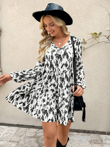 V-Neck Ruffles Hem A-Line Casual Vacation Printed Dress, Spring & Summer