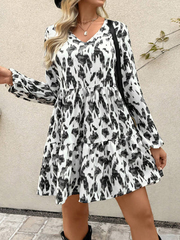 V-Neck Ruffles Hem A-Line Casual Vacation Printed Dress, Spring & Summer