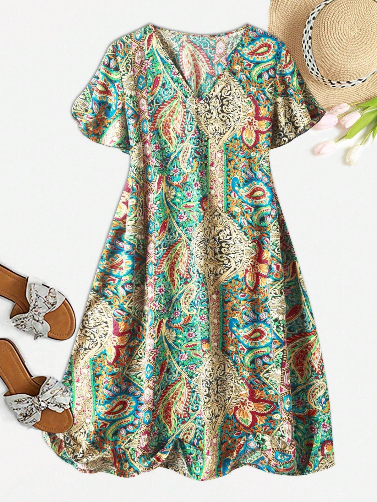 V-Neck Short Sleeve A-Line Floral Dress