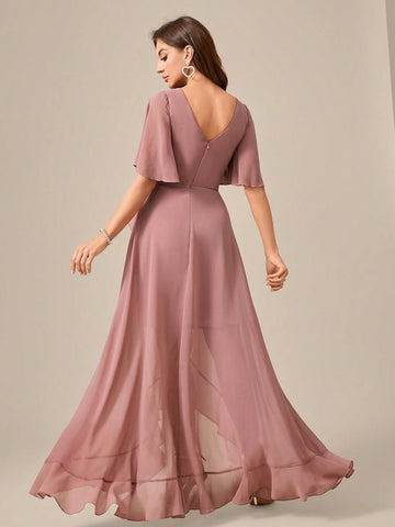 V-Neck Short Sleeve Ruched Front Asymmetrical Chiffon Party Dress