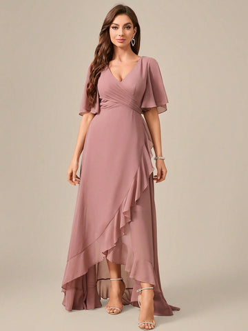 V-Neck Short Sleeve Ruched Front Asymmetrical Chiffon Party Dress