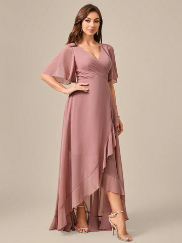 V-Neck Short Sleeve Ruched Front Asymmetrical Chiffon Party Dress