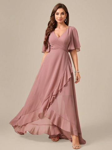 V-Neck Short Sleeve Ruched Front Asymmetrical Chiffon Party Dress