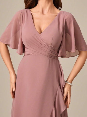 V-Neck Short Sleeve Ruched Front Asymmetrical Chiffon Party Dress