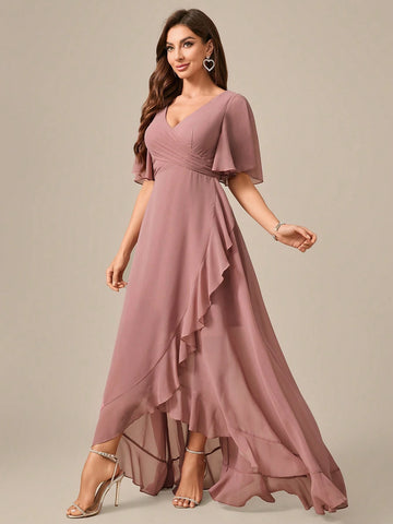 V-Neck Short Sleeve Ruched Front Asymmetrical Chiffon Party Dress