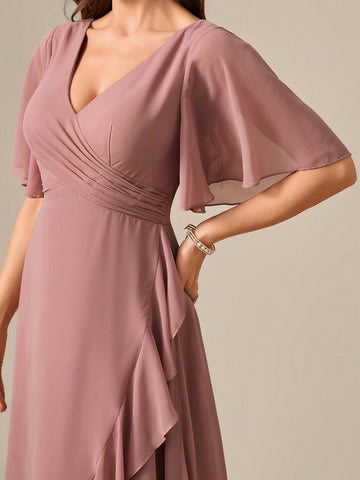 V-Neck Short Sleeve Ruched Front Asymmetrical Chiffon Party Dress