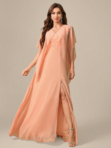 V-Neck Shoulder-Baring Waist Tie High Slit Chiffon Formal Dress Dress