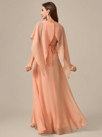 V-Neck Shoulder-Baring Waist Tie High Slit Chiffon Formal Dress Dress