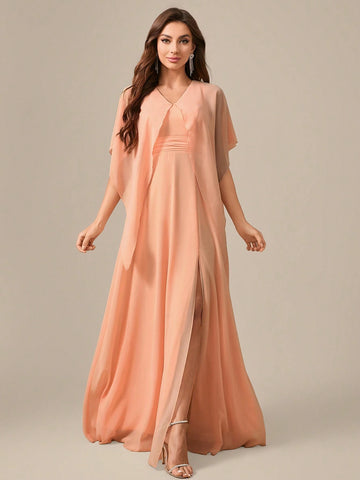 V-Neck Shoulder-Baring Waist Tie High Slit Chiffon Formal Dress Dress