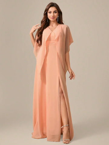 V-Neck Shoulder-Baring Waist Tie High Slit Chiffon Formal Dress Dress