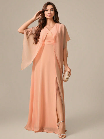 V-Neck Shoulder-Baring Waist Tie High Slit Chiffon Formal Dress Dress