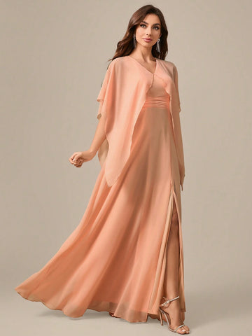 V-Neck Shoulder-Baring Waist Tie High Slit Chiffon Formal Dress Dress