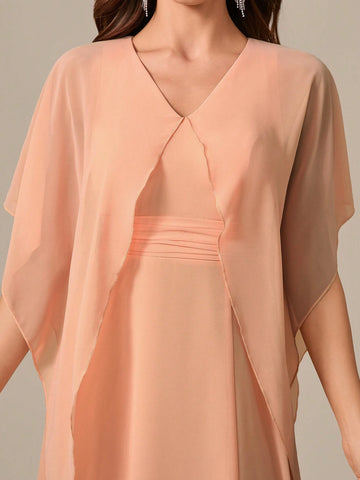 V-Neck Shoulder-Baring Waist Tie High Slit Chiffon Formal Dress Dress