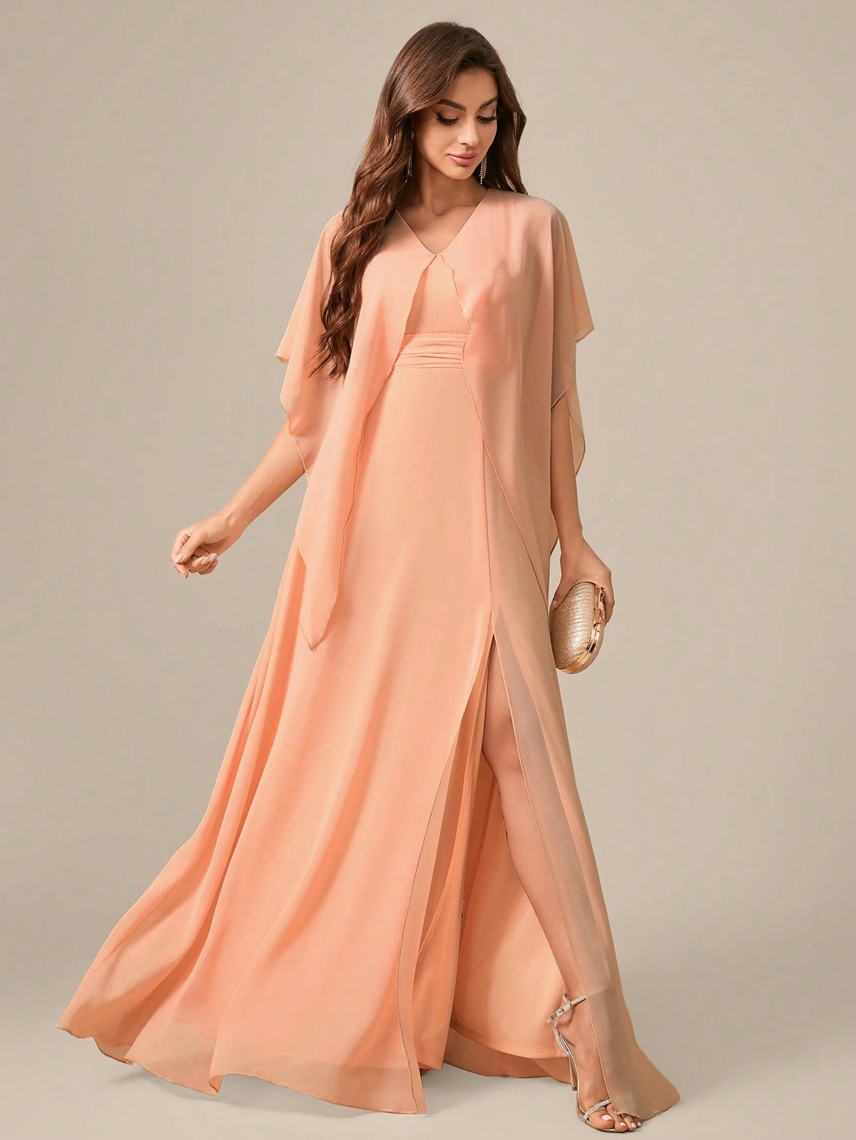 V-Neck Shoulder-Baring Waist Tie High Slit Chiffon Formal Dress Dress