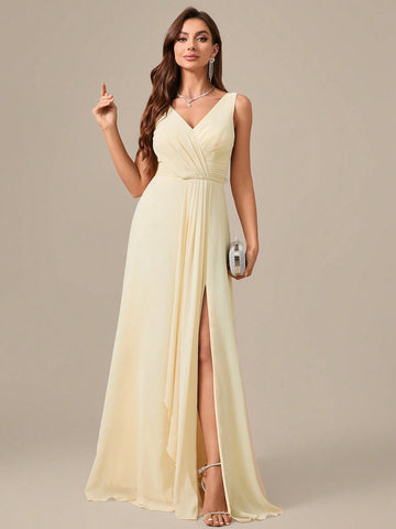 V-Neck Sleeveless Criss Cross Ruffles Chiffon Formal Evening Dress