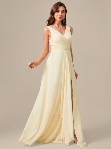 V-Neck Sleeveless Criss Cross Ruffles Chiffon Formal Evening Dress