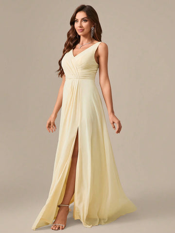 V-Neck Sleeveless Criss Cross Ruffles Chiffon Formal Evening Dress