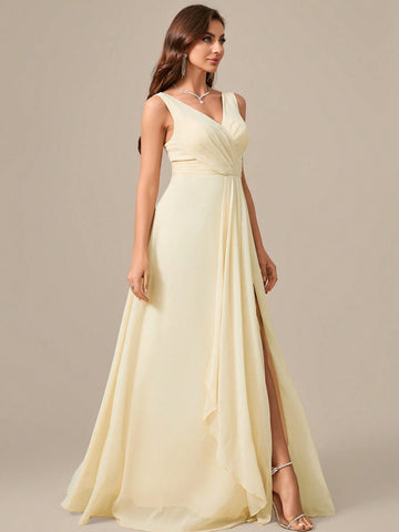 V-Neck Sleeveless Criss Cross Ruffles Chiffon Formal Evening Dress