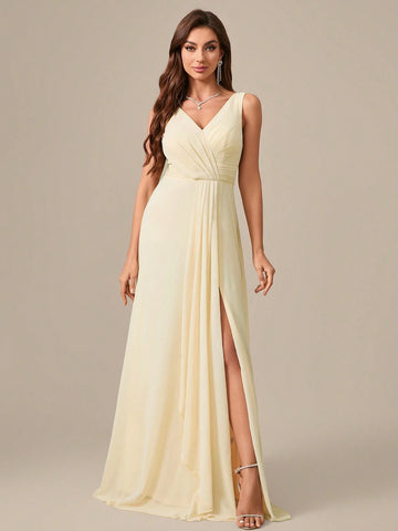 V-Neck Sleeveless Criss Cross Ruffles Chiffon Formal Evening Dress