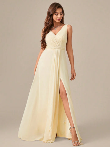 V-Neck Sleeveless Criss Cross Ruffles Chiffon Formal Evening Dress