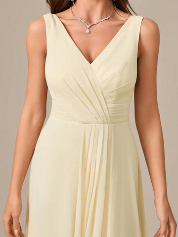 V-Neck Sleeveless Criss Cross Ruffles Chiffon Formal Evening Dress