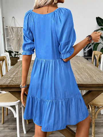 V-Neck Solid Color Puff Sleeve Ruffled Hem Casual Summer Dress