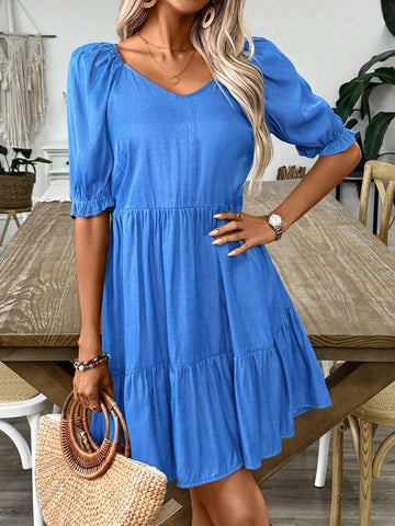 V-Neck Solid Color Puff Sleeve Ruffled Hem Casual Summer Dress