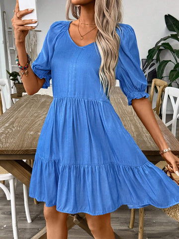 V-Neck Solid Color Puff Sleeve Ruffled Hem Casual Summer Dress