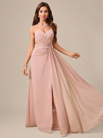 V-Neck Spaghetti Strap Backless Flowy High Slit Formal Dress