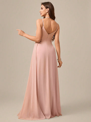 V-Neck Spaghetti Strap Backless Flowy High Slit Formal Dress