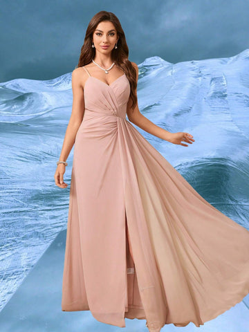 V-Neck Spaghetti Strap Backless Flowy High Slit Formal Dress