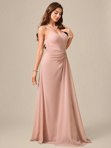 V-Neck Spaghetti Strap Backless Flowy High Slit Formal Dress