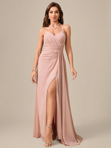 V-Neck Spaghetti Strap Backless Flowy High Slit Formal Dress