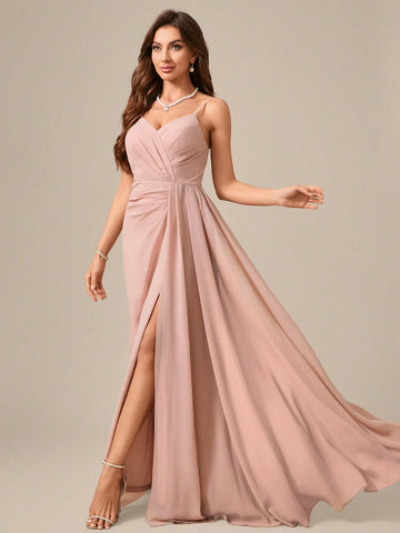 V-Neck Spaghetti Strap Backless Flowy High Slit Formal Dress