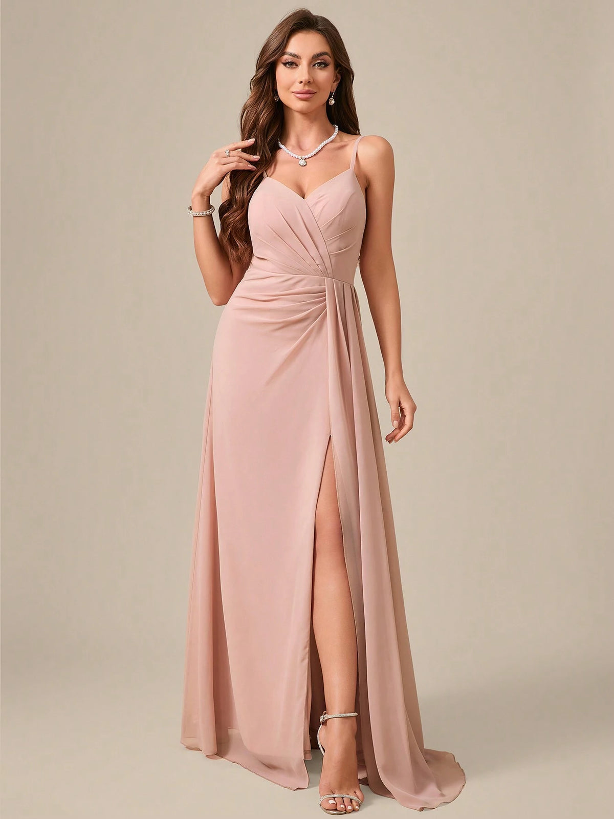 V-Neck Spaghetti Strap Backless Flowy High Slit Formal Dress