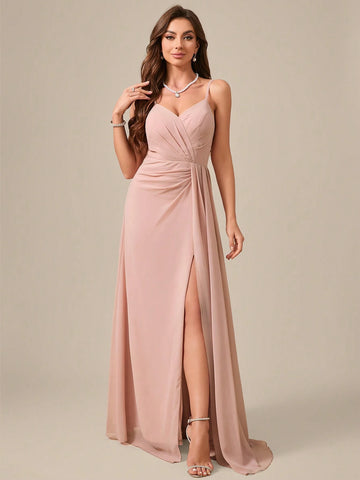 V-Neck Spaghetti Strap Backless Flowy High Slit Formal Dress