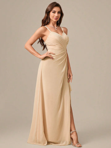 V-Neck Spaghetti Strap High Slit Chiffon Dress With Backless Design And Elegant Waist Gathering
