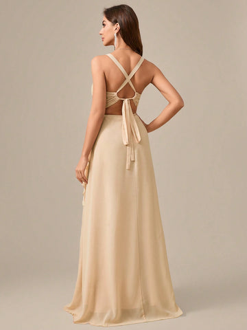 V-Neck Spaghetti Strap High Slit Chiffon Dress With Backless Design And Elegant Waist Gathering