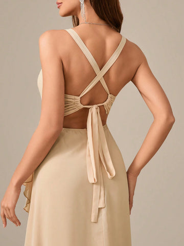 V-Neck Spaghetti Strap High Slit Chiffon Dress With Backless Design And Elegant Waist Gathering