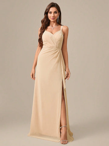 V-Neck Spaghetti Strap High Slit Chiffon Dress With Backless Design And Elegant Waist Gathering